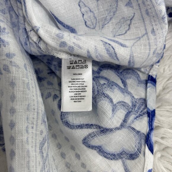 H by Halston 100% Linen Tunic Shirt Blouse Bright White Blue Artsy Floral Sz L - Picture 10 of 11